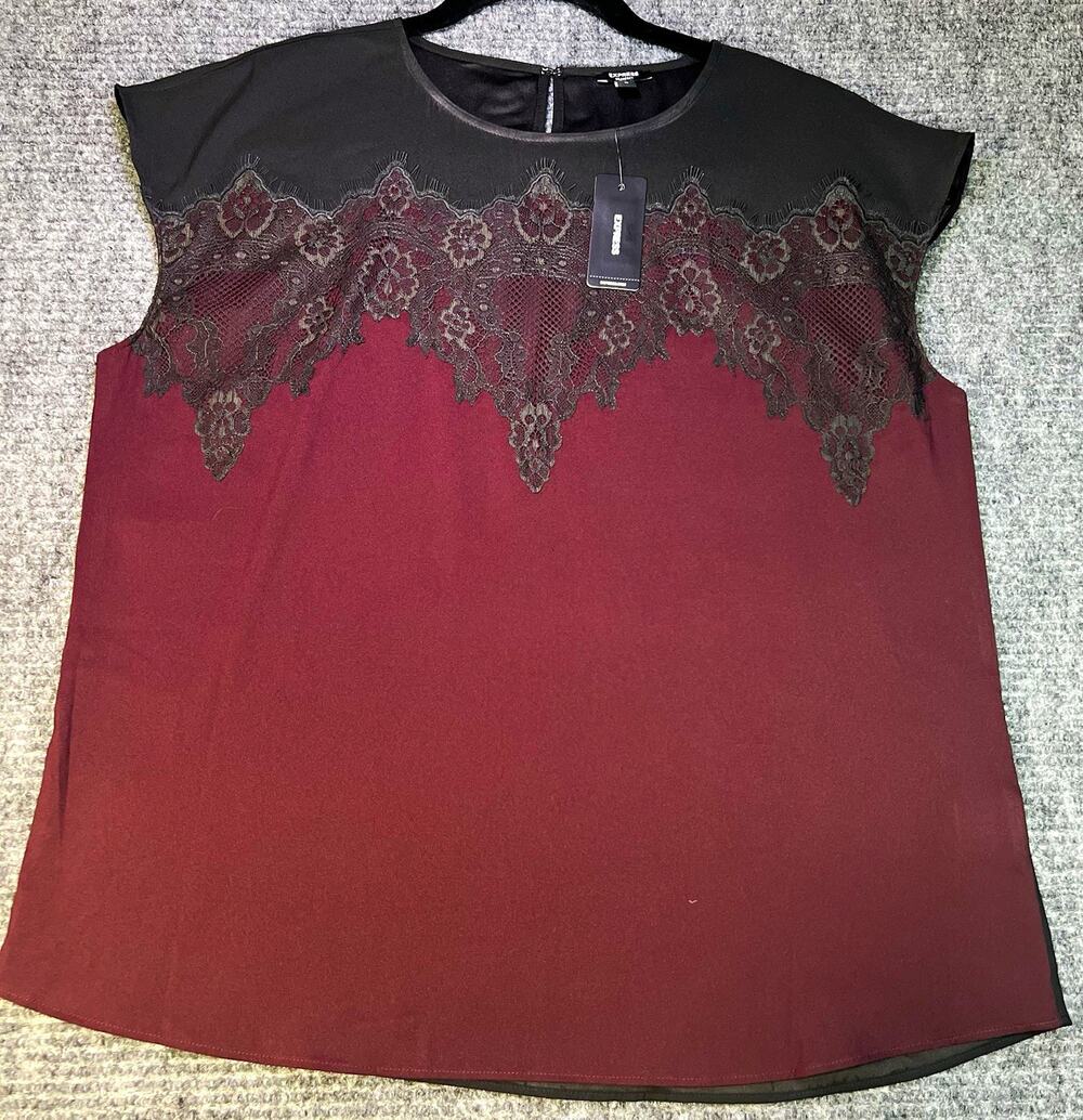 Express Black/Burgundy Lace Yoke Round Neck Cap Sleeve Blouse Top Size M